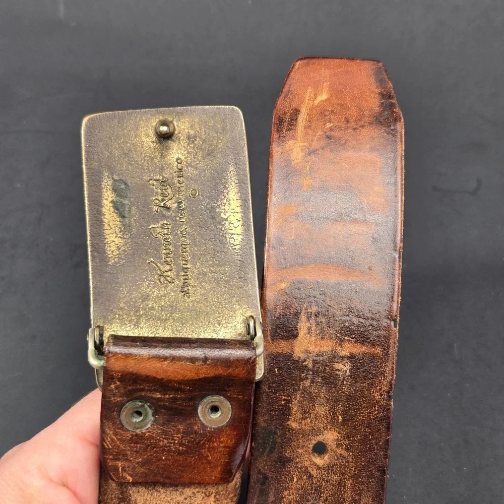 Kenneth Reid Albuquerque Brass Wood Mountain Inlay Leather Belt Vintage Brown